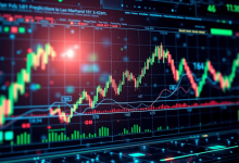 Futuristic digital trading interface with glowing abstract charts, market indicators, interconnected nodes, and blockchain patterns in blue and gre...