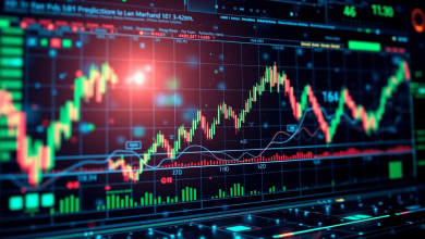 Futuristic digital trading interface with glowing abstract charts, market indicators, interconnected nodes, and blockchain patterns in blue and gre...