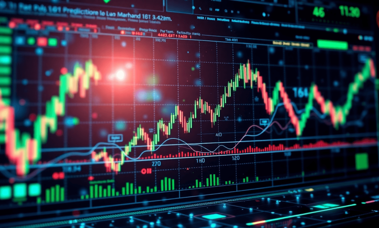 Futuristic digital trading interface with glowing abstract charts, market indicators, interconnected nodes, and blockchain patterns in blue and gre...